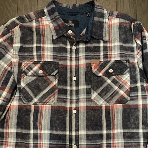 BUFFALO David Bitton Blue Plaid Saldio Cotton Button Down Large​​​​ - Picture 6 of 12